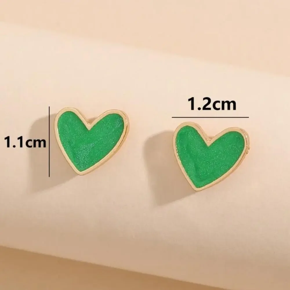 Green Gold Heart Stud Earrings Womens Costume Jewelry Cute Y2K Aesthetic Gift
